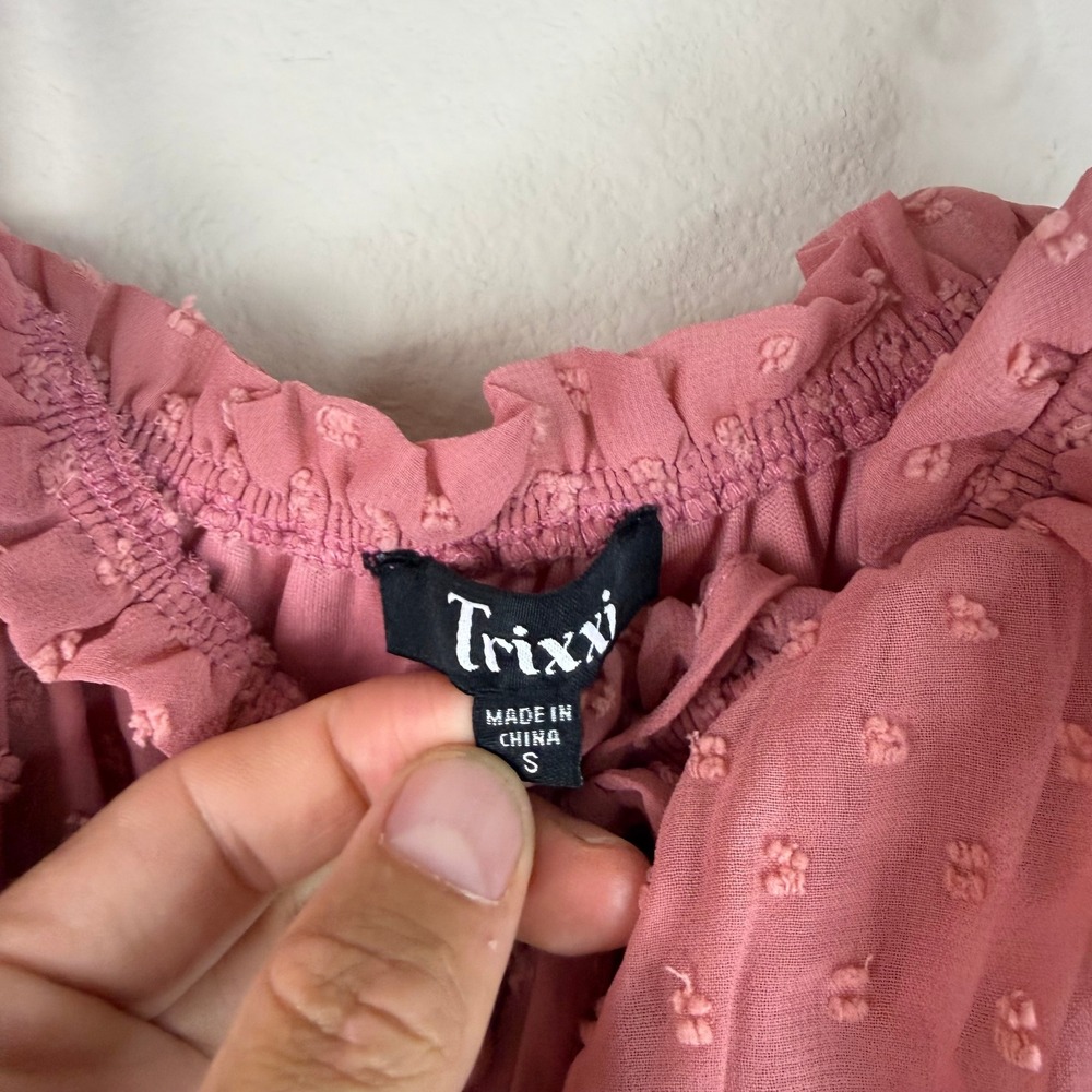 Trixxi Dress Womens Small Pink Fit & Flare Swiss Dot Smocked Ruffle Mini - Picture 3 of 6